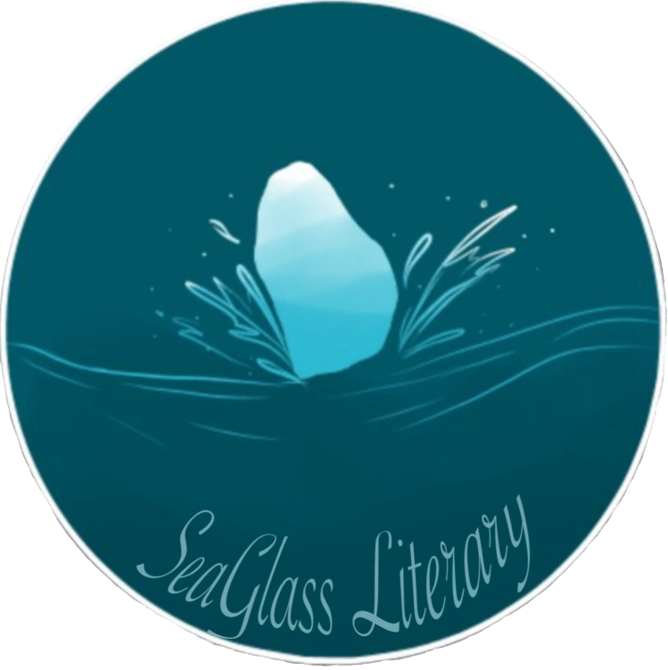 A glass shard falls into the sea splashing water around. At the bottom of the image "SeaGlass Literary" is written in cursive writing.