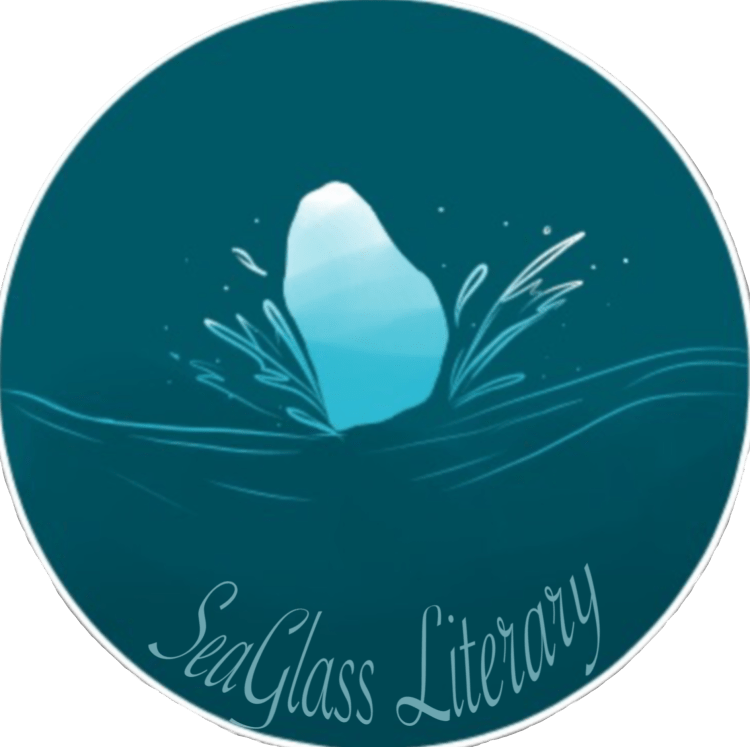A glass shard falls into the sea splashing water around. At the bottom of the image "SeaGlass Literary" is written in cursive writing.